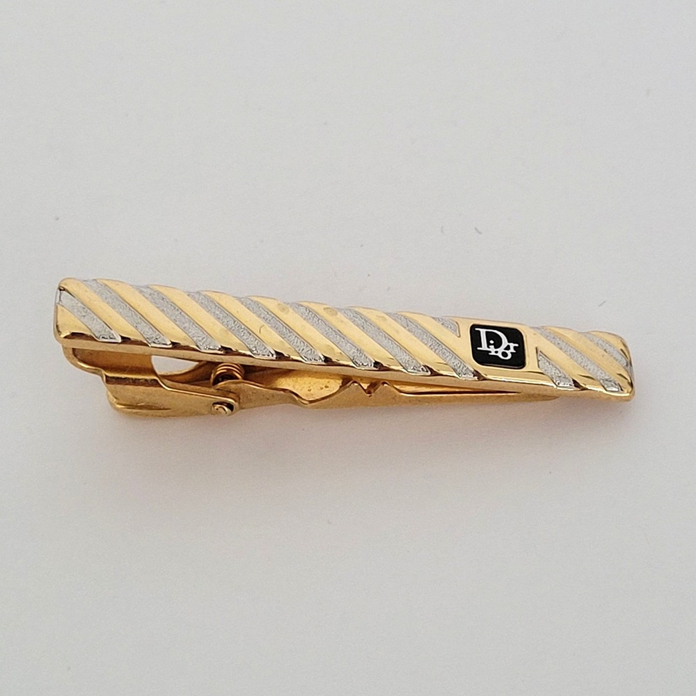 Christian Dior Vintage Tie Clip Gold Silver Two Tone Logo Textured Made Germany